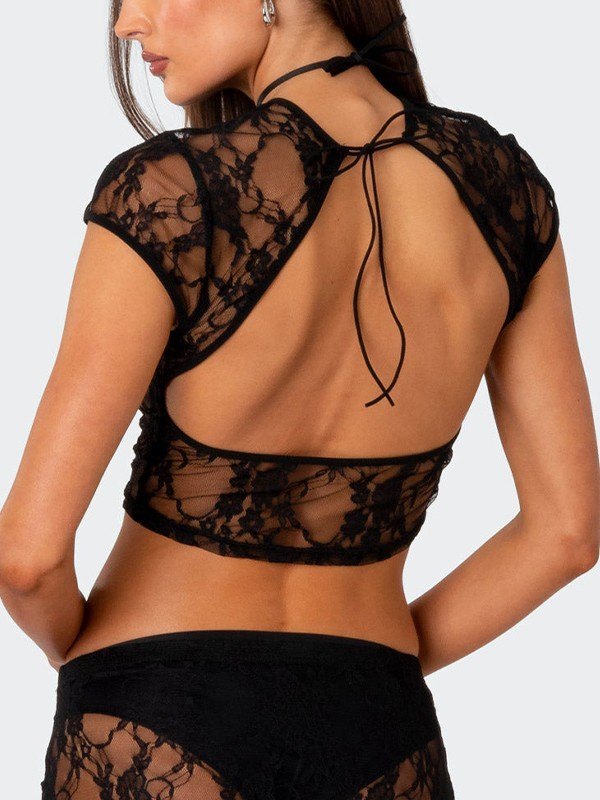 EMMIOL Top corto de encaje transparente sin espalda