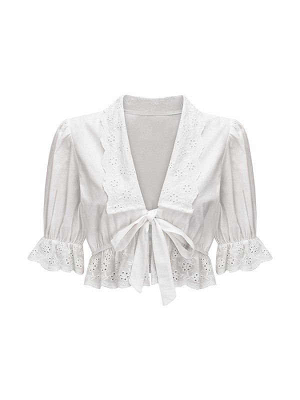 EMMIOL Tie Front Lace Puff Sleeve Cropped Blouse