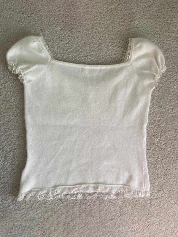 EMMIOL Blusa blanca con mangas abullonadas de encaje con paneles