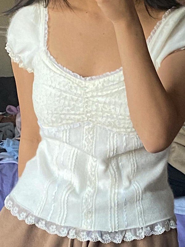 EMMIOL Blusa blanca con mangas abullonadas de encaje con paneles