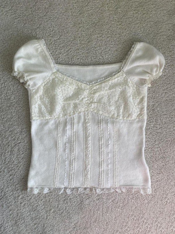 EMMIOL Blusa blanca con mangas abullonadas de encaje con paneles
