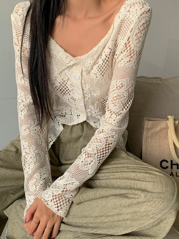 EMMIOL Blusa de manga larga con encaje de croché y botones