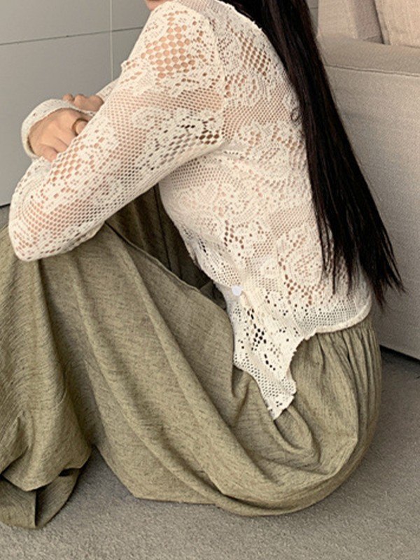 EMMIOL Blusa de manga larga con encaje de croché y botones