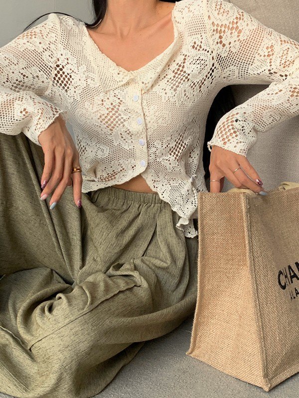 EMMIOL Blusa de manga larga con encaje de croché y botones
