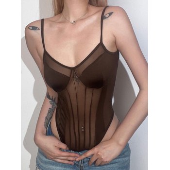 Sheer Mesh Patchwork Backless Halter Bodysuit main image 1