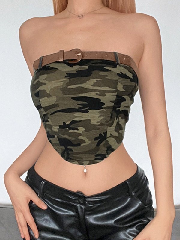 EMMIOL Top a fascia con stampa mimetica con cintura
