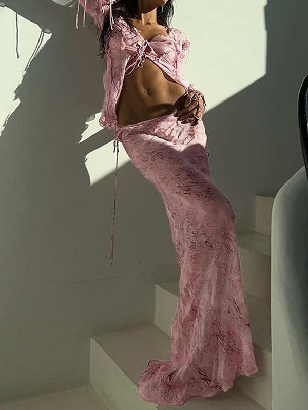 EMMIOL Traje Falda Larga Estampado Orejas Madera Dos Piezas