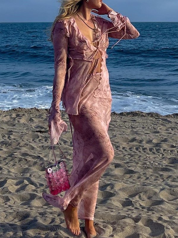 EMMIOL Traje Falda Larga Estampado Orejas Madera Dos Piezas