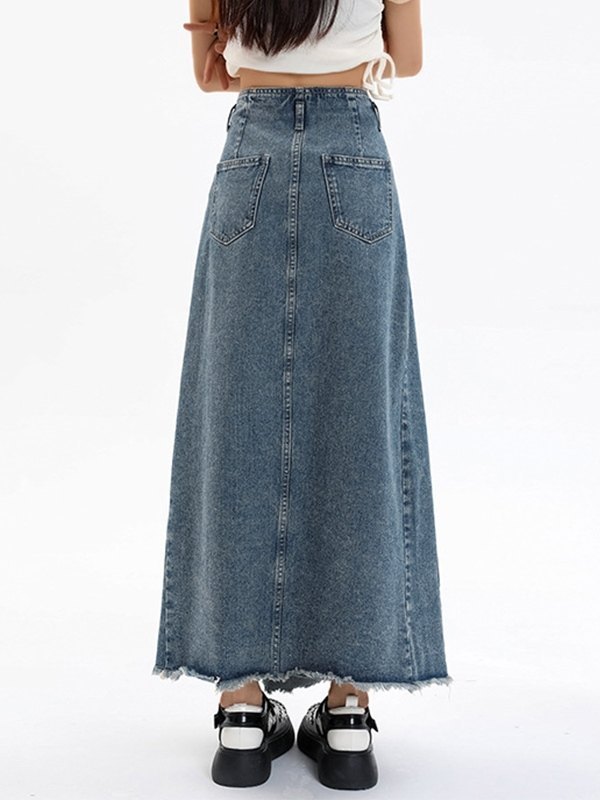EMMIOL Vintage-Denim-Falten-Midi-Rock