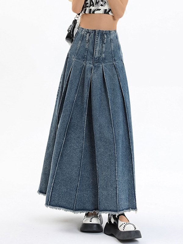 EMMIOL Vintage-Denim-Falten-Midi-Rock