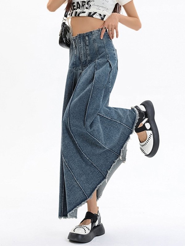EMMIOL Vintage-Denim-Falten-Midi-Rock