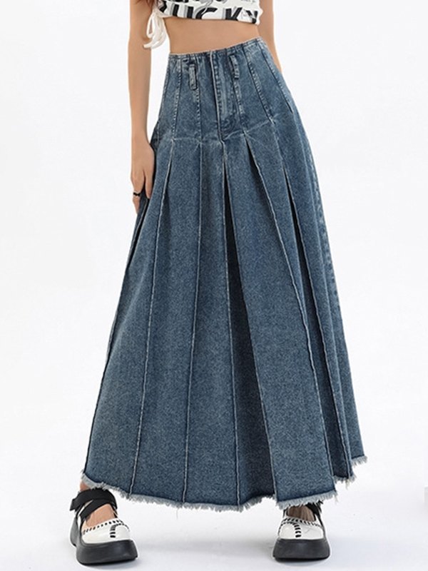 EMMIOL Vintage-Denim-Falten-Midi-Rock
