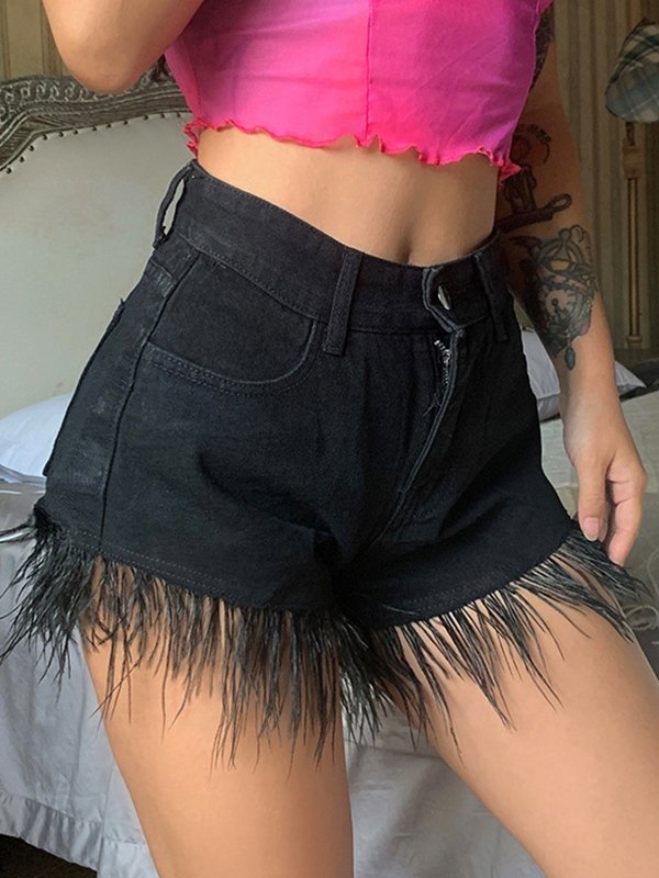 EMMIOL Shorts vaqueros negros con dobladillo con flecos