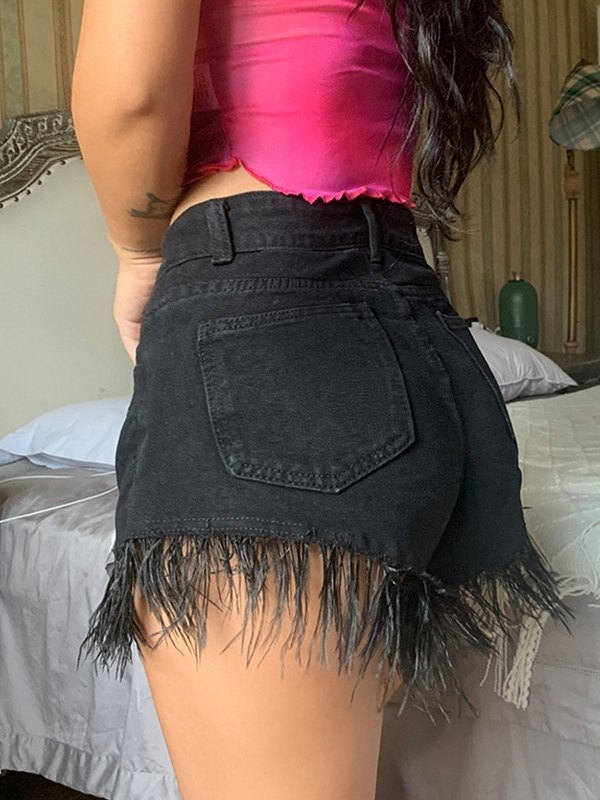 EMMIOL Shorts vaqueros negros con dobladillo con flecos