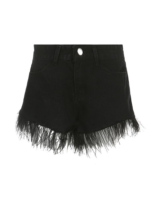 EMMIOL Shorts vaqueros negros con dobladillo con flecos