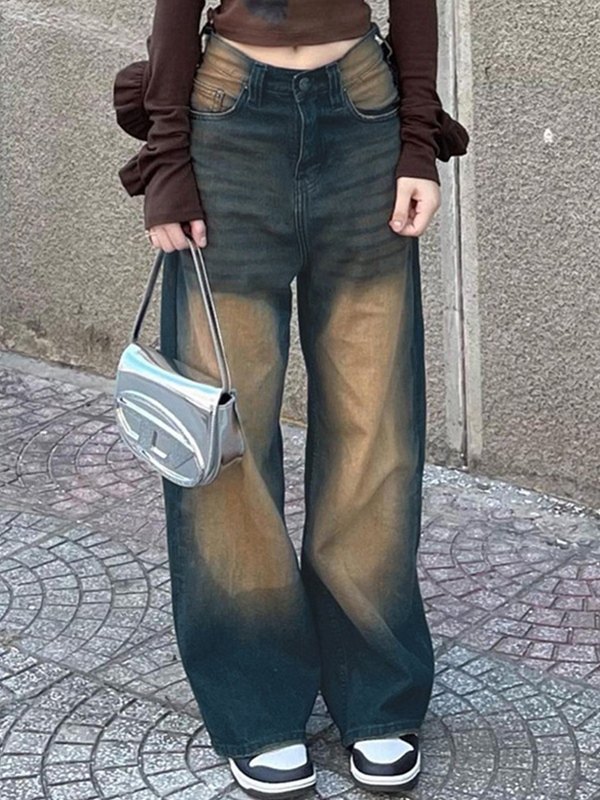 EMMIOL Jeans estilo boyfriend rectos desgastados de color contrastante lavados en la calle