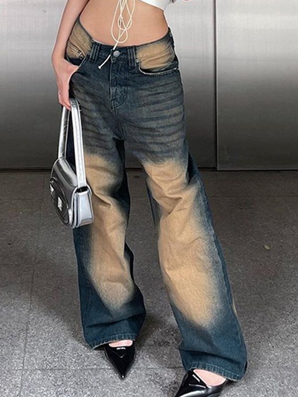 EMMIOL Jeans estilo boyfriend rectos desgastados de color contrastante lavados en la calle