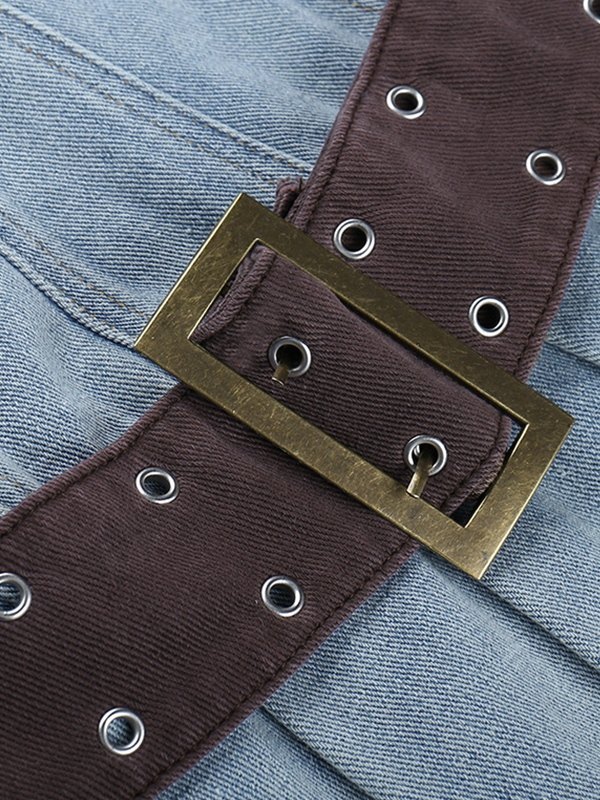 EMMIOL Buckle Belt Strapless Denim Mini Dress