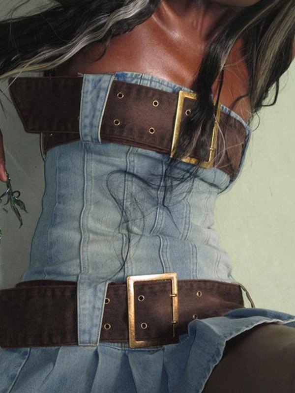 EMMIOL Buckle Belt Strapless Denim Mini Dress
