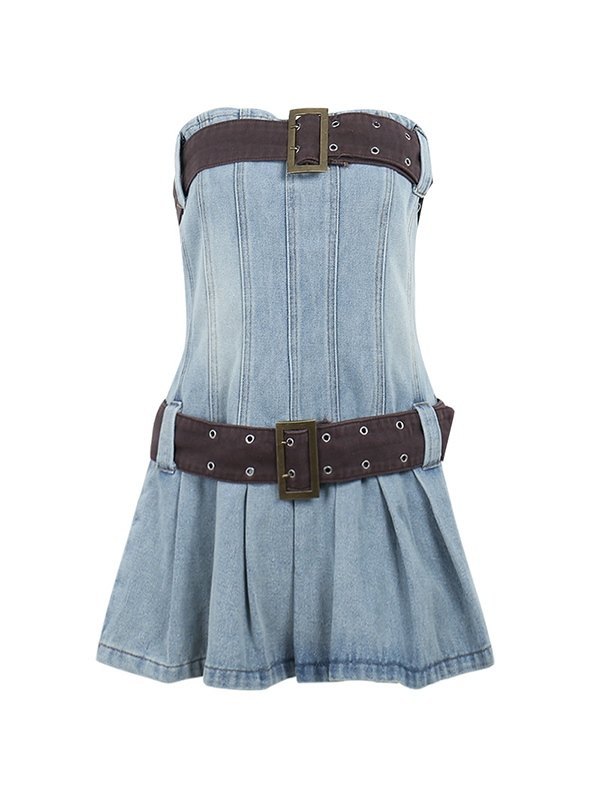 EMMIOL Buckle Belt Strapless Denim Mini Dress