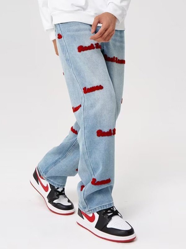 Emmiol Free shipping 2023 Men's Toweling Letter Denim Loose Jeans Blue