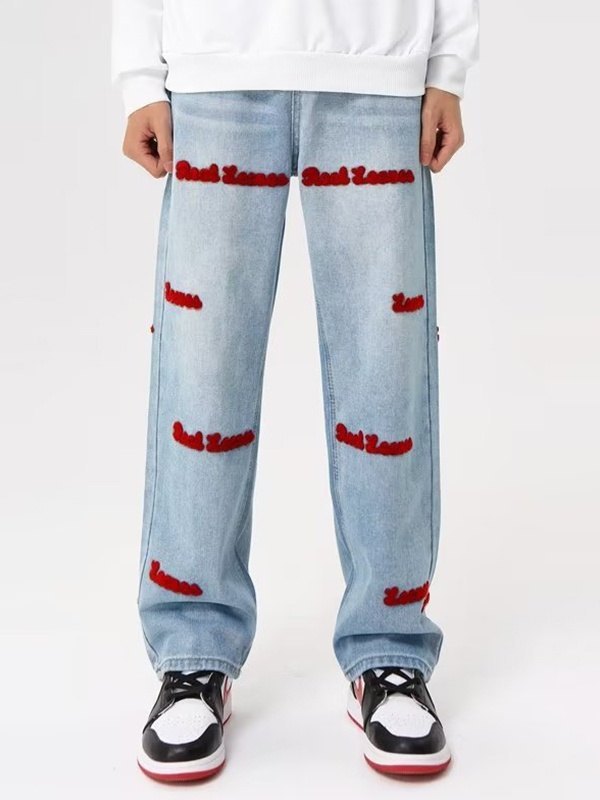 Emmiol Free shipping 2023 Men's Toweling Letter Denim Loose Jeans Blue