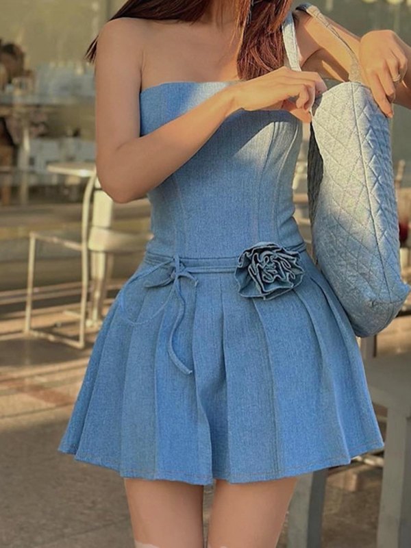 EMMIOL Mini vestidos plisados de mezclilla con cuello sin tirantes