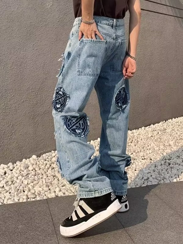 EMMIOL Jeans sueltos desgastados con parche de insignia para hombre