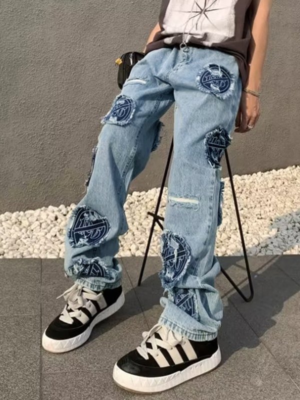 EMMIOL Jeans sueltos desgastados con parche de insignia para hombre