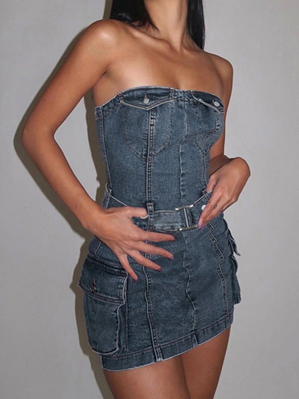 EMMIOL Belted Strapless Denim Mini Dress