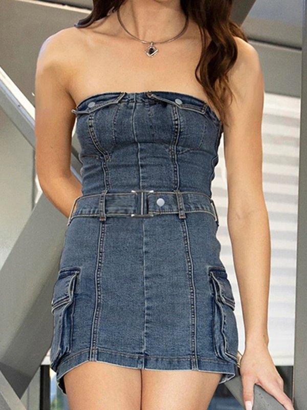 EMMIOL Belted Strapless Denim Mini Dress