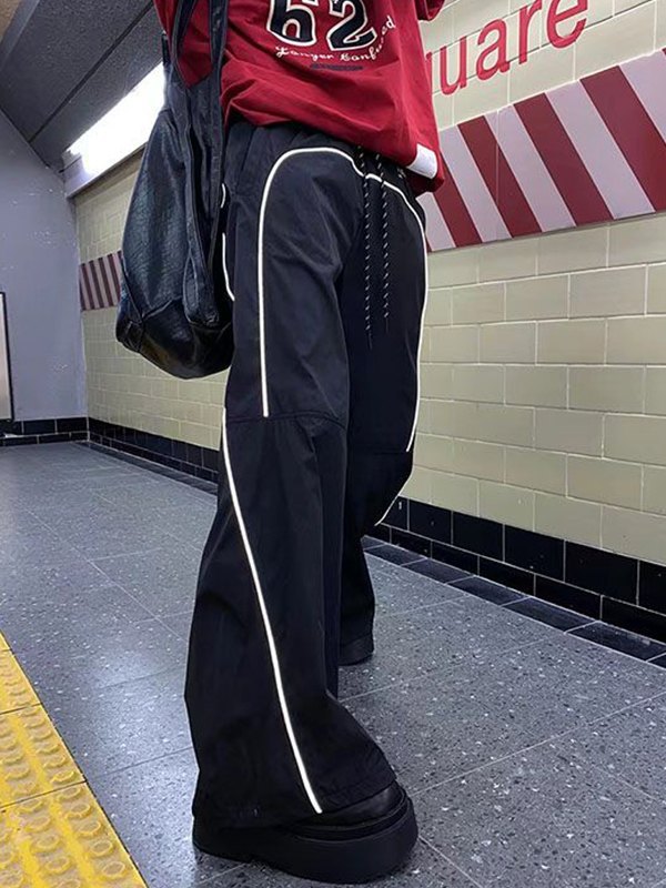 EMMIOL Reflective Piping Wide Leg Parachute Pants