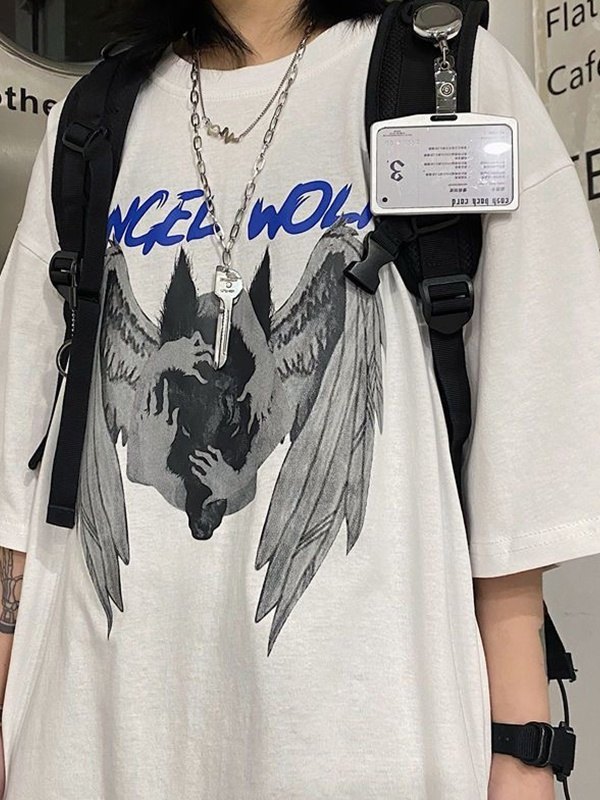EMMIOL Camiseta estampada de manga corta Angel Wolf para hombre