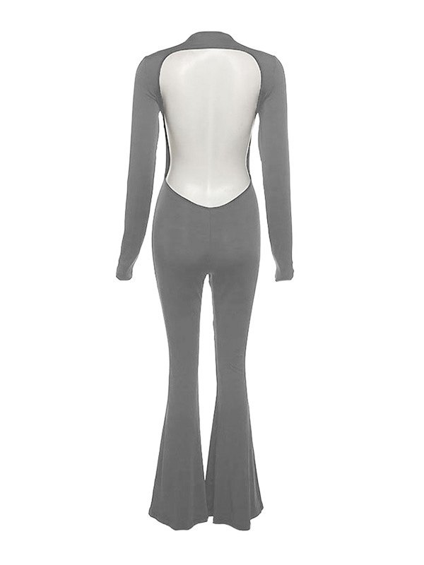 Emmiol Free shipping 2023 Backless Long Sleeve Flare Leg Jumpsuit Gray
