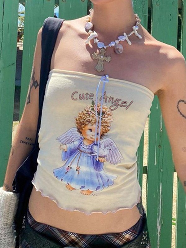 EMMIOL Top bandeau con cordones y estampado de ángeles