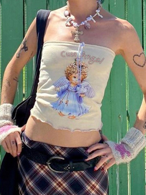 EMMIOL Top bandeau con cordones y estampado de ángeles