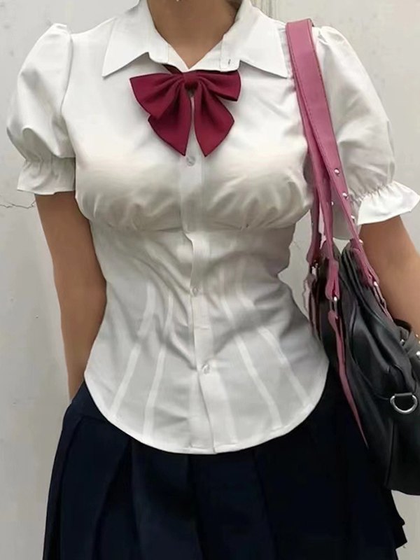 EMMIOL Camicetta corsetto bianca con maniche a sbuffo