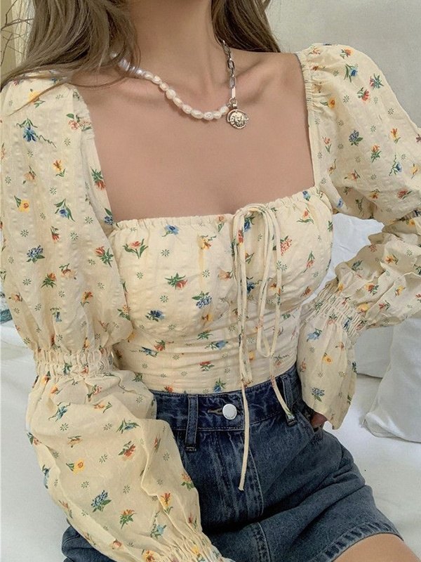 EMMIOL Blusa de manga larga corta floral con manga farol