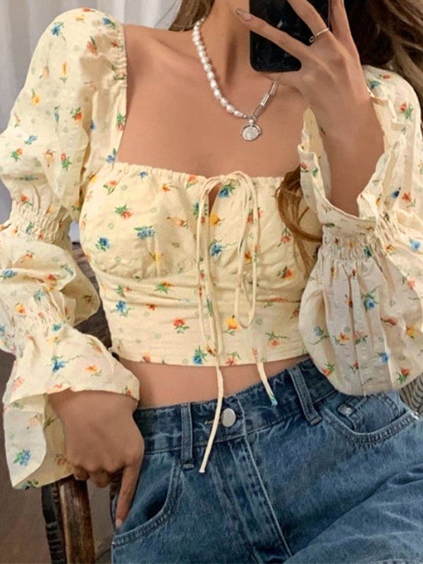 EMMIOL Blusa de manga larga corta floral con manga farol