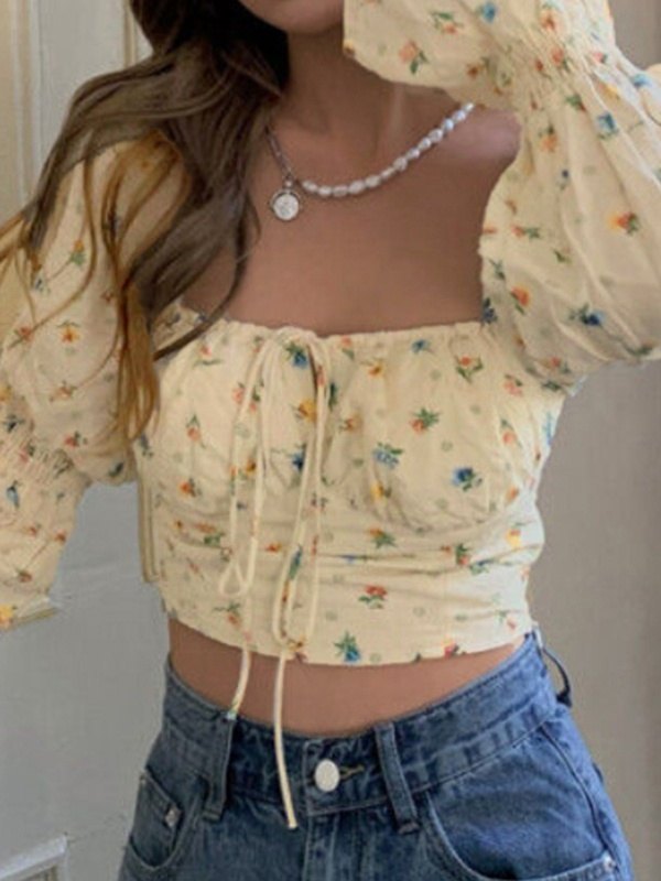 EMMIOL Blusa de manga larga corta floral con manga farol