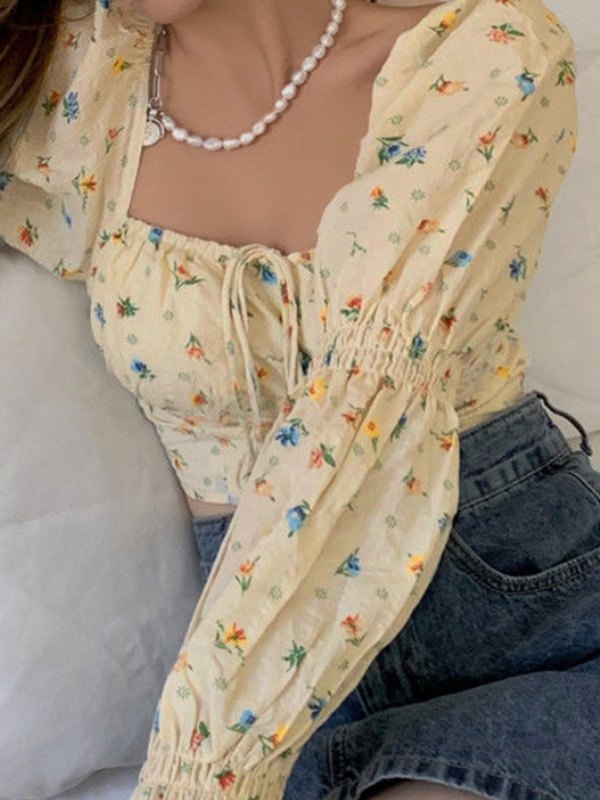 EMMIOL Blusa de manga larga corta floral con manga farol