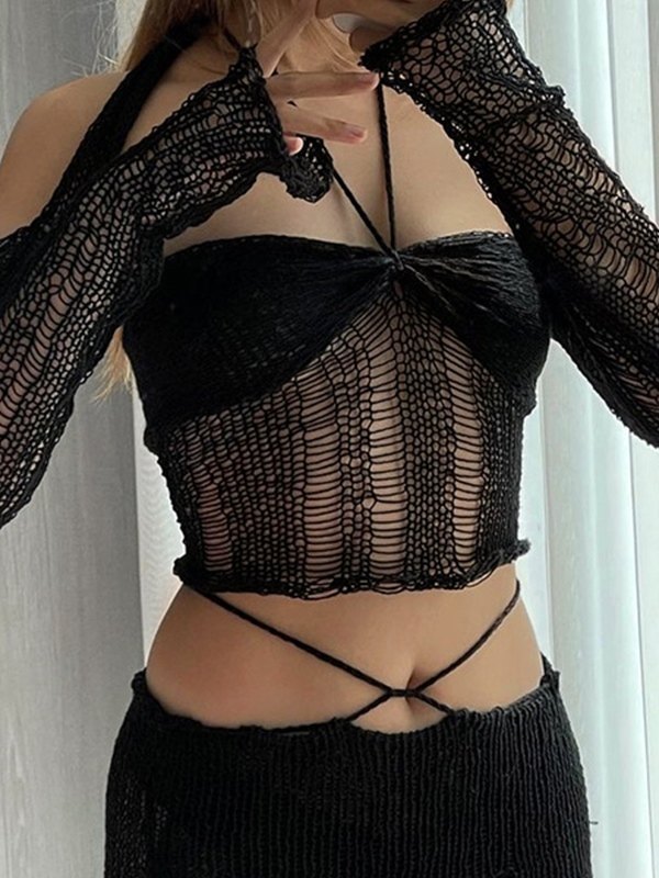 Emmiol Free shipping 2024 Black Arm Warmer Design Distressed Halter