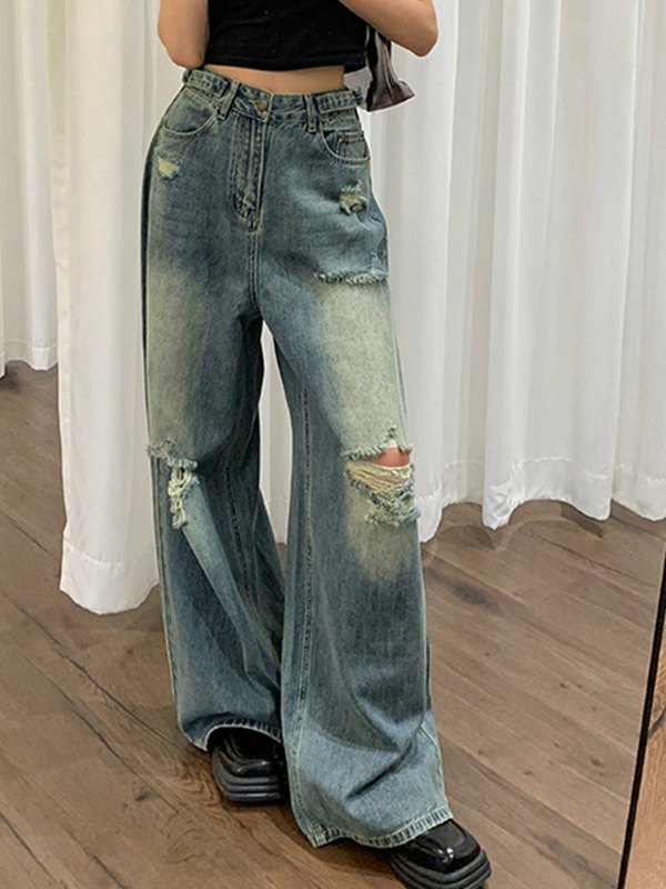 EMMIOL Jeans a gamba larga strappati vintage
