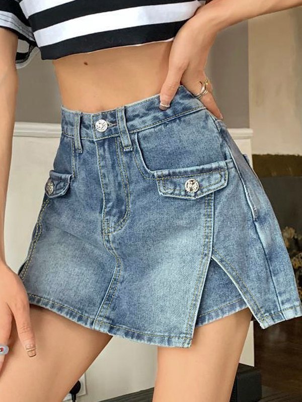 EMMIOL Jeansshorts mit hohem Bund und Schlitz