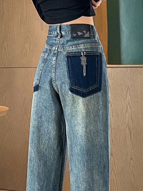 EMMIOL Tubo di jeans a gamba dritta a contrasto