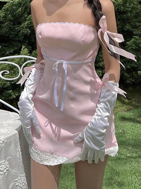 EMMIOL Bowknot Lace Tube Top Mini Dresses
