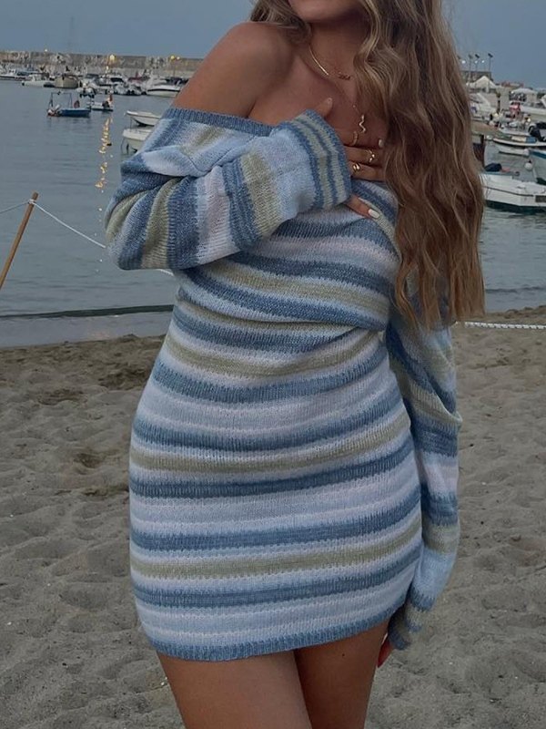 navy blue dress for baby girl Emmiol Free shipping 2026 Backless Long Sleeve Striped Knit Mini Dress Blue  S in Mini Dresses online store