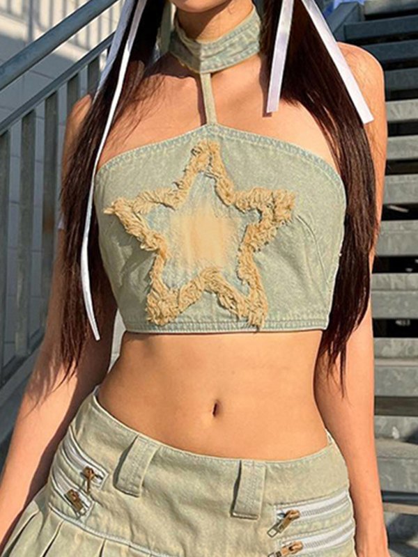 EMMIOL Halter Star Denim Open Back Tube Top