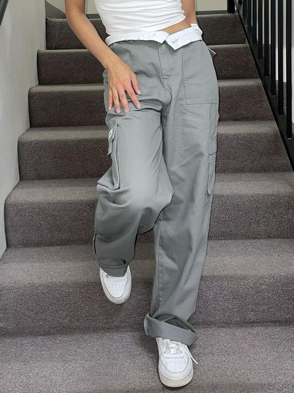 EMMIOL Pantalones de pierna recta con cintura doblada