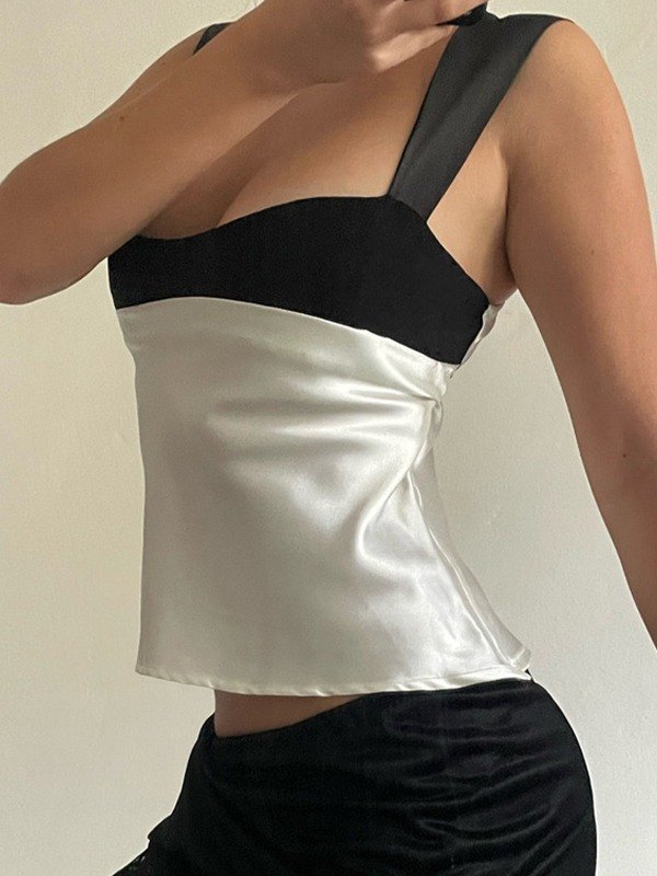 EMMIOL Tie Back Patchwork Satin Tank Top